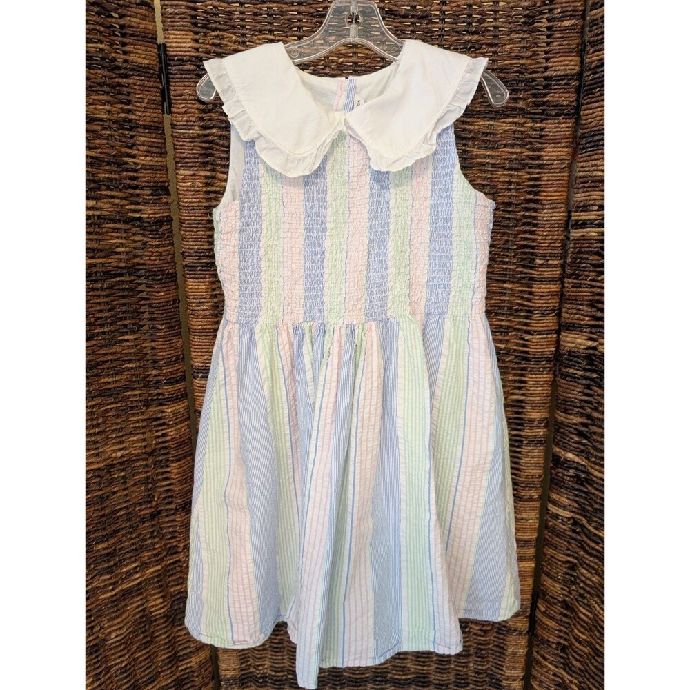 Janie And Jack Seersucker Smocked Striped Ruffle Peter Pan Collar Dress Girls 12